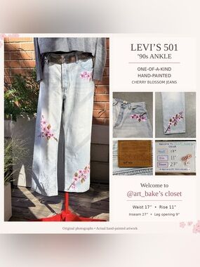 Levi’s 501 ’90s Ankle W31 Hand-Painted Cherry Blossom Jeans One of a Kind